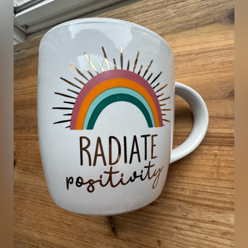 NWT Francesca’s Radiate Positivity Coffee Mug Cup Gift Tea Cup Rainbow Mugs New